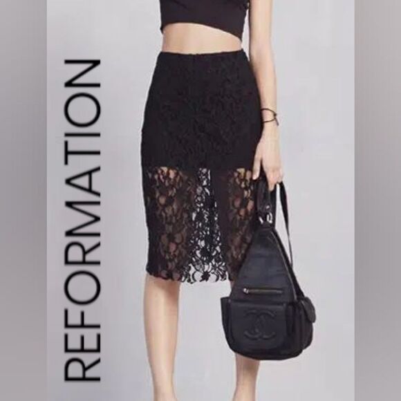 Reformation Elegant Black Lace Midi Skirt M - Picture 1 of 8